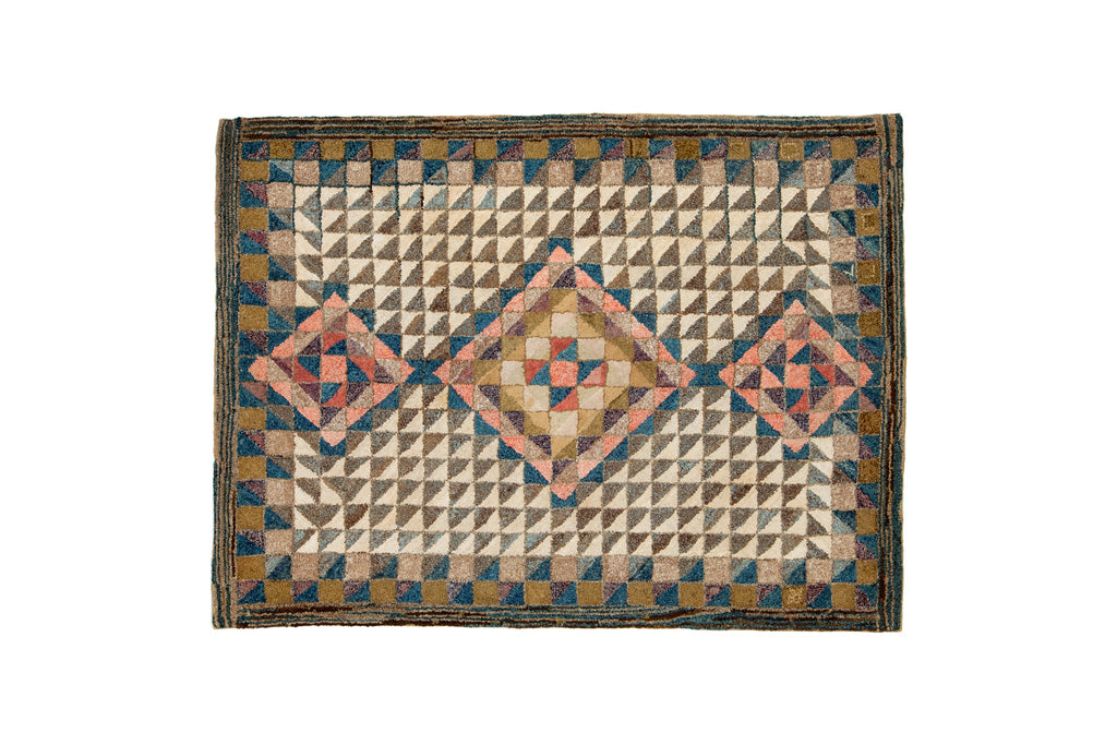 Geometric Hooked Rug 4'4" x 5'10" - SHARKTOOTH Antique and Vintage Textiles