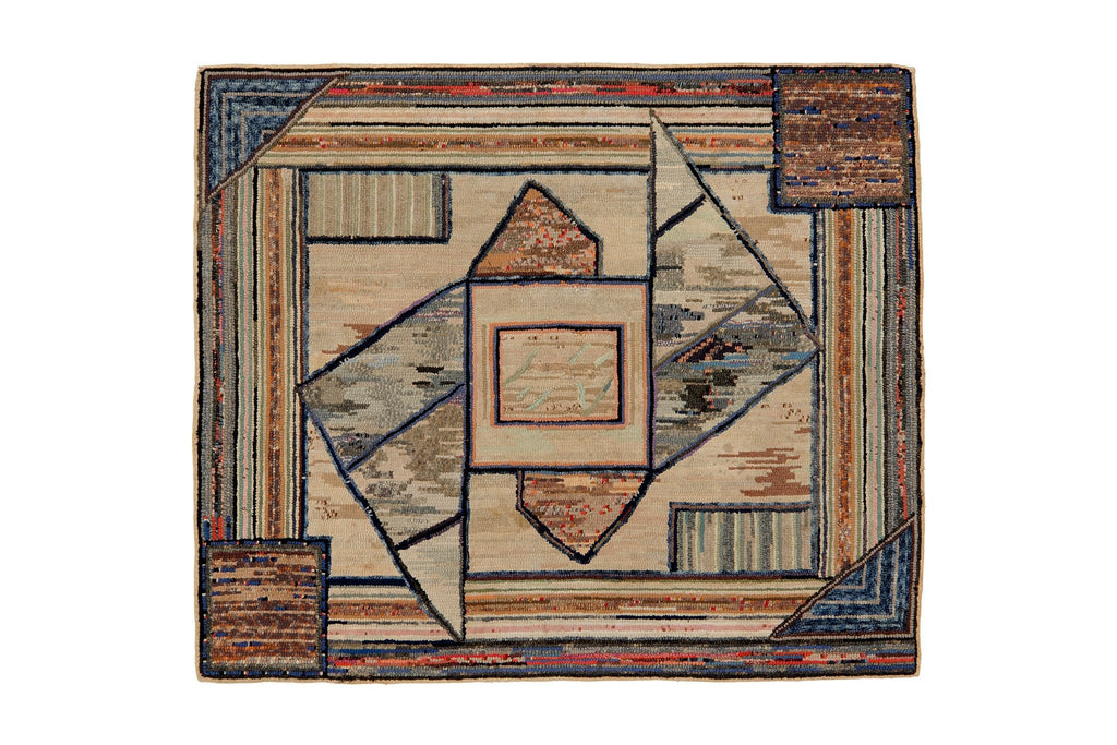 Geometric Latch Hook Rug 3'4" x 3'11" - SHARKTOOTH Antique and Vintage Textiles